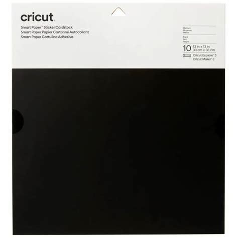 Cricut Smart Sticker Cardstock 33x33cm 10 sheets (Black); 10 sheets 13 in x 13 in (33 cm x 33 cm) in Black; Skip the glue for hassle-free paper projects; Works without a cutting mat – just load & go!; Smooth, medium weight (210 gsm / 78 lb); For Cricut Maker® 3 & Cricut Explore® 3